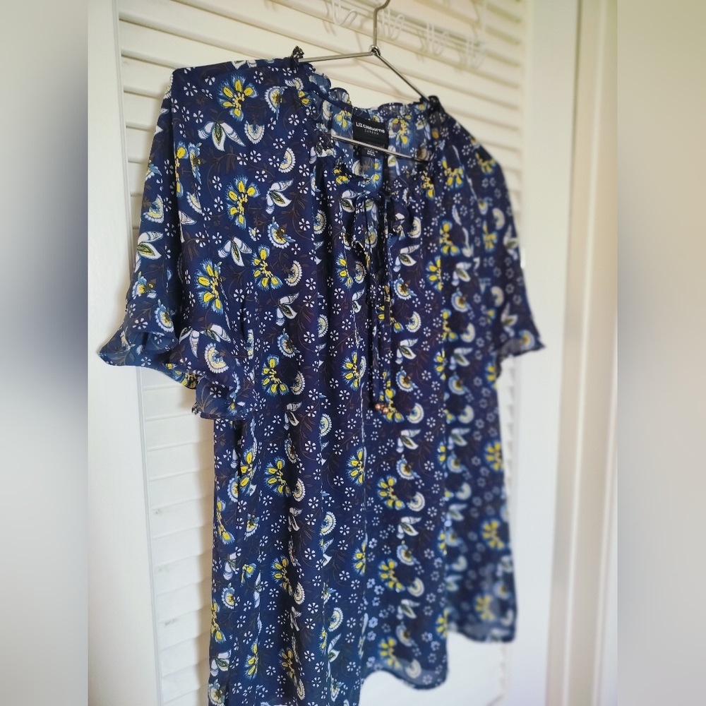 Liz Claiborne Career Floral Navy Blue Yellow Women's Blouse Large
